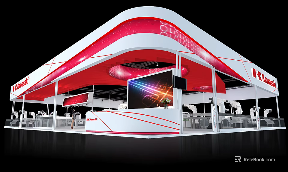 Modern Exhibition Booth Design With Red White Curved Roof Large Screen And Illuminated Lighting 3d model 
