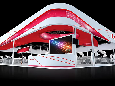 Modern Exhibition Booth Design With Red White Curved Roof Large Screen And Illuminated Lighting 3d model