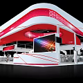 Modern Exhibition Booth Design With Red White Curved Roof Large Screen And Illuminated Lighting