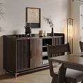 Walnut Wood Sideboard with Slatted Doors in Dining Room with Vase Plant and Chairs