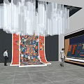 Modern Exhibition Hall Featuring Large Colorful Artwork And Hanging Sculptural Installation With Visitors Exploring