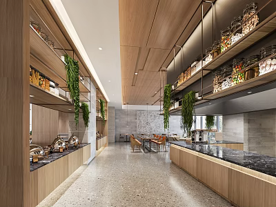 Modern Restaurant Interior With Wooden Buffet Stations Hanging Green Plants And Marble Countertops 3d model