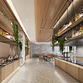 Modern Restaurant Interior With Wooden Buffet Stations Hanging Green Plants And Marble Countertops