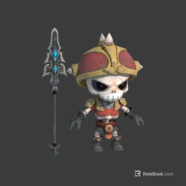 Cute Fantasy Skeleton Character With Spiked Helmet Red Gold Armor And Blue Gem Spear 3d model 