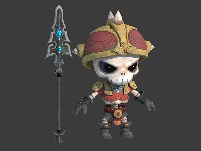 Cute Fantasy Skeleton Character With Spiked Helmet Red Gold Armor And Blue Gem Spear 3d model