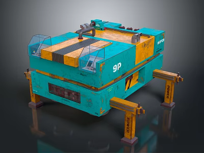 Turquoise And Yellow Industrial Machine With 9P Logo And BRINKMANN Support Stands 3d model