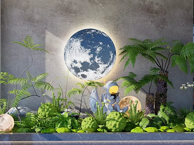 Enchanting Indoor Landscape With Glowing Moon Decoration Green Plants Ferns Palm Trees And Stones 3d model