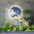 Enchanting Indoor Landscape With Glowing Moon Decoration Green Plants Ferns Palm Trees And Stones