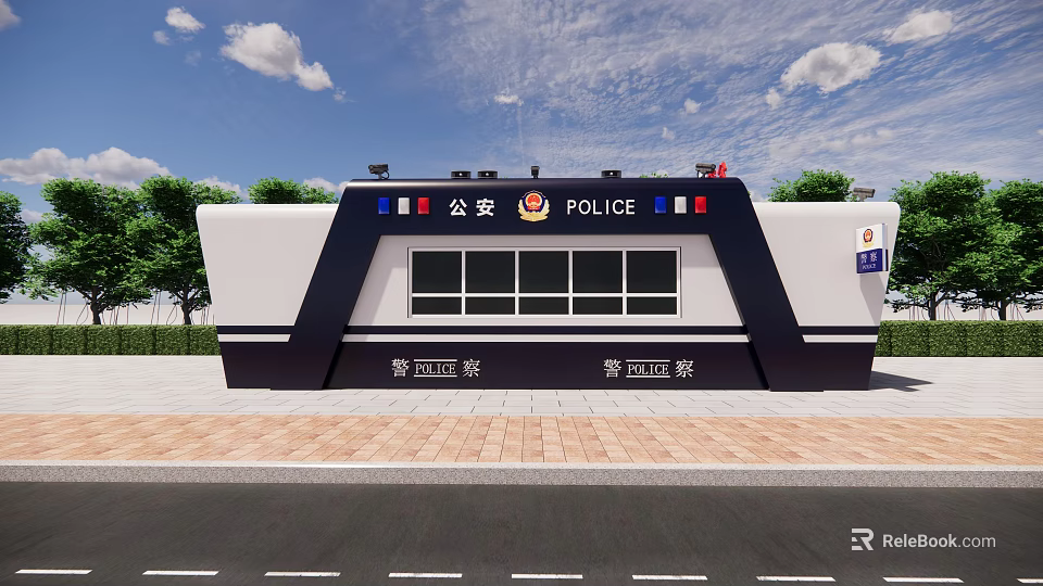 Public Security Police Station Exterior With Blue White Structure And Roadside Trees 3d model 