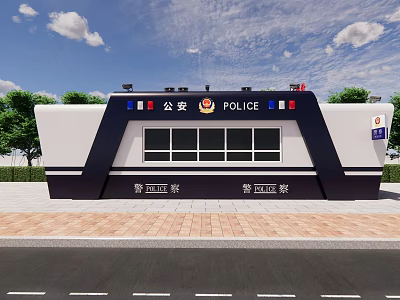 Public Security Police Station Exterior With Blue White Structure And Roadside Trees 3d model