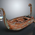 Vintage Wooden Boat With Weathered Hull Curved Bow Stern Decorations And Hanging Glass Lantern