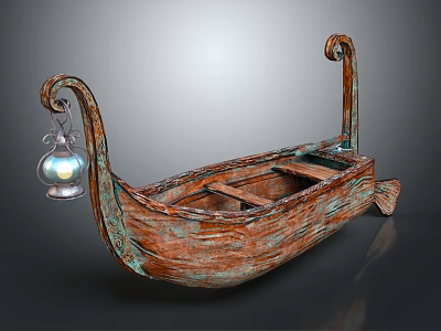 Vintage Wooden Boat With Weathered Hull Curved Bow Stern Decorations And Hanging Glass Lantern 3d model