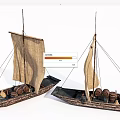 Two Vintage Wooden Boat Models With Sails Barrels And Cargo Sacks