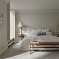 Modern Bedroom Interior With Upholstered Headboard Nightstands Table Lamps And Wooden Bench
