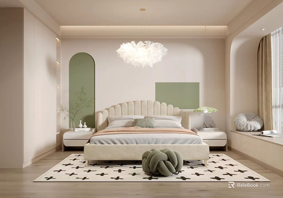 Modern Bedroom Interior With Upholstered Headboard Cloud Chandelier Nightstands And Patterned Rug 3d model