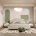 Modern Bedroom Interior With Upholstered Headboard Cloud Chandelier Nightstands And Patterned Rug 3d model