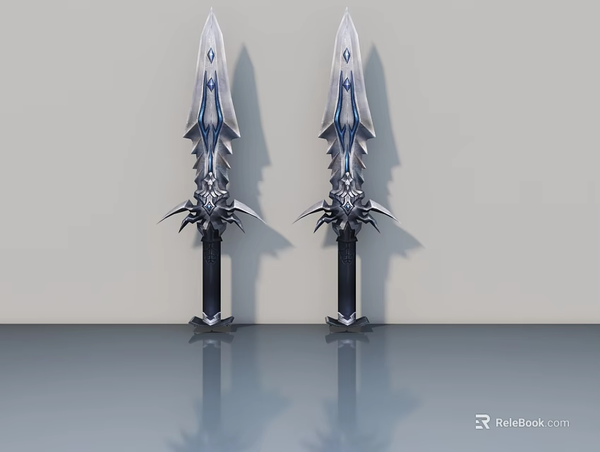 Double Decorative Swords With Black Handle Silver Blade And Blue Patterns On Grey Surface 3d model 