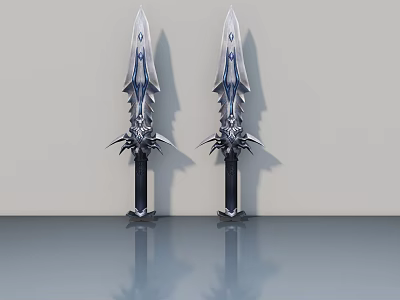 Double Decorative Swords With Black Handle Silver Blade And Blue Patterns On Grey Surface 3d model