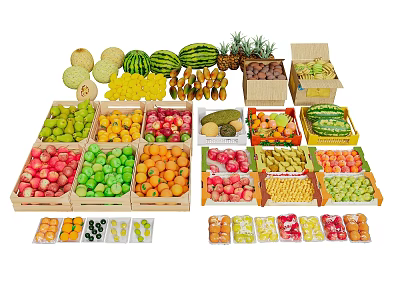 Variety of Fresh Fruits Arranged in Wooden Crates for Market 3d model
