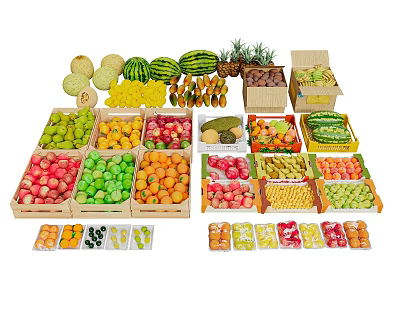 Variety of Fresh Fruits Arranged in Wooden Crates for Market 3d model