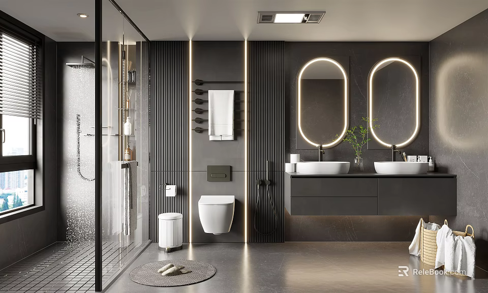Modern Bathroom With Black Walls Round Mirrors Double Vanity Sinks Glass Shower And Smart Toilet 3d model 