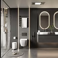 Modern Bathroom With Black Walls Round Mirrors Double Vanity Sinks Glass Shower And Smart Toilet