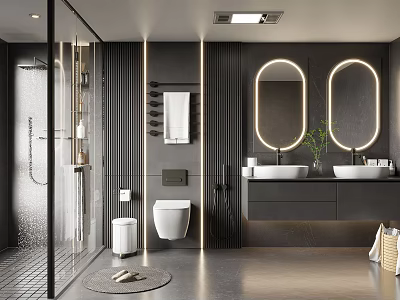 Modern Bathroom With Black Walls Round Mirrors Double Vanity Sinks Glass Shower And Smart Toilet 3d model