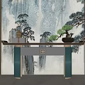 Traditional Chinese Console Table With Wooden Frame Blue Legs Bonsai And Landscape Screen