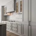 Modern White Kitchen Cabinets With Marble Island Countertop And Backsplash Interior 3d model