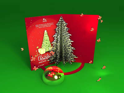 Festive Christmas Card With Red Design Christmas Tree And Green Ornament Decorations 3d model