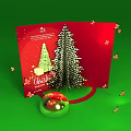 Festive Christmas Card With Red Design Christmas Tree And Green Ornament Decorations
