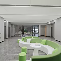 Modern Leisure Area Featuring Green Curved Sofas Small Round Tables And Pendant Lights