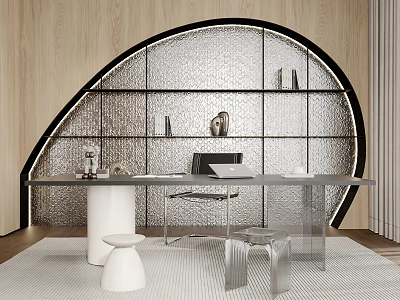Modern Desk Interior With Arched Bookshelf Books Decorations Transparent And White Stools On Rug 3d model