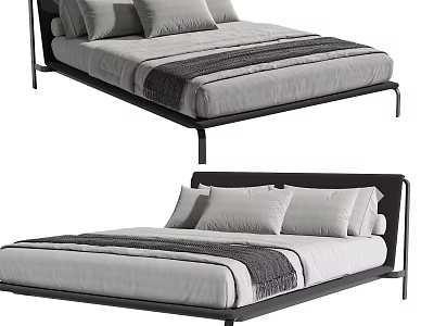 Modern Double Bed With Black Metal Frame Gray Bedding Striped Throw And Pillows 3d model