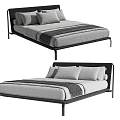 Modern Double Bed With Black Metal Frame Gray Bedding Striped Throw And Pillows