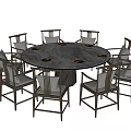Round Stone Dining Table Set With Eight Upholstered Wooden Chairs 3d model