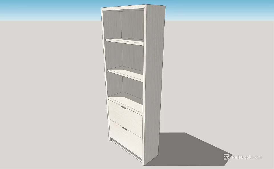 White Modern Bookcase with Multiple Open Shelves and Bottom Storage Drawers 3d model 
