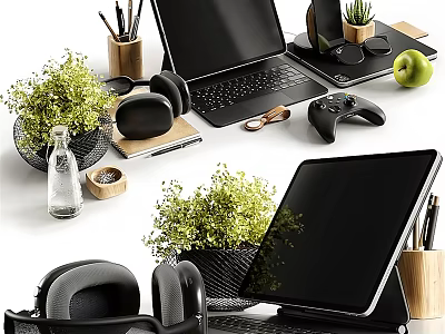 Modern Laptop and Tablet Desk Setup With Headphones Game Controller Green Plants and Pencil Holders 3d model