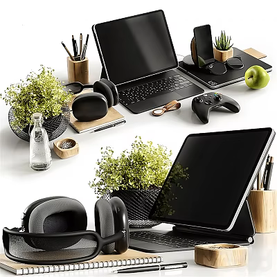 Modern Laptop and Tablet Desk Setup With Headphones Game Controller Green Plants and Pencil Holders 3d model