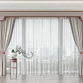 Light Gray Curtains With Sheer Layers Decorative Valance And Tiebacks By Window With City View