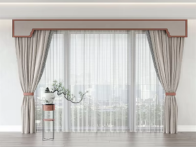 Light Gray Curtains With Sheer Layers Decorative Valance And Tiebacks By Window With City View 3d model