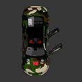 Green And White Camouflage Rally Car With Open Doors And Red Interior