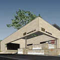 Contemporary Sales Office Building With Stone Facade Triangular Roof Water Fountain And Trees