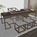 Modern Wooden Tea Table and Chairs with Tea Set Potted Plant and Window Blinds