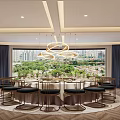 Chinese Style Clubhouse Interior With Wooden Table Plants And Natural Light