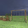 Wooden Playground Equipment With Swing Set And Sandbox On Green Grass