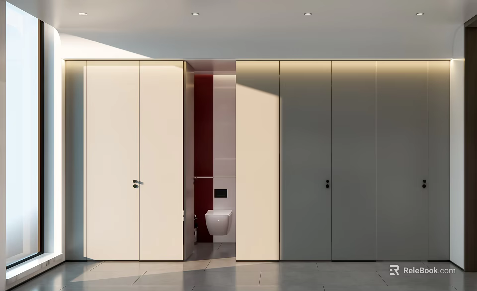 Modern Public Restroom Interior Design With White Gray Stalls Open Entrance And Toilet 3d model 