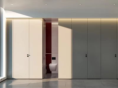 Modern Public Restroom Interior Design With White Gray Stalls Open Entrance And Toilet 3d model