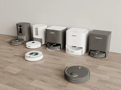 Modern Daily Home Appliances Featuring Various Robotic Vacuum Cleaners On Wooden Floor 3d model