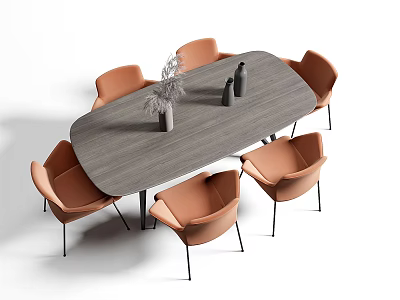 Modern Gray Oval Dining Table Set With Six Orange Chairs And Decorative Vase 3d model